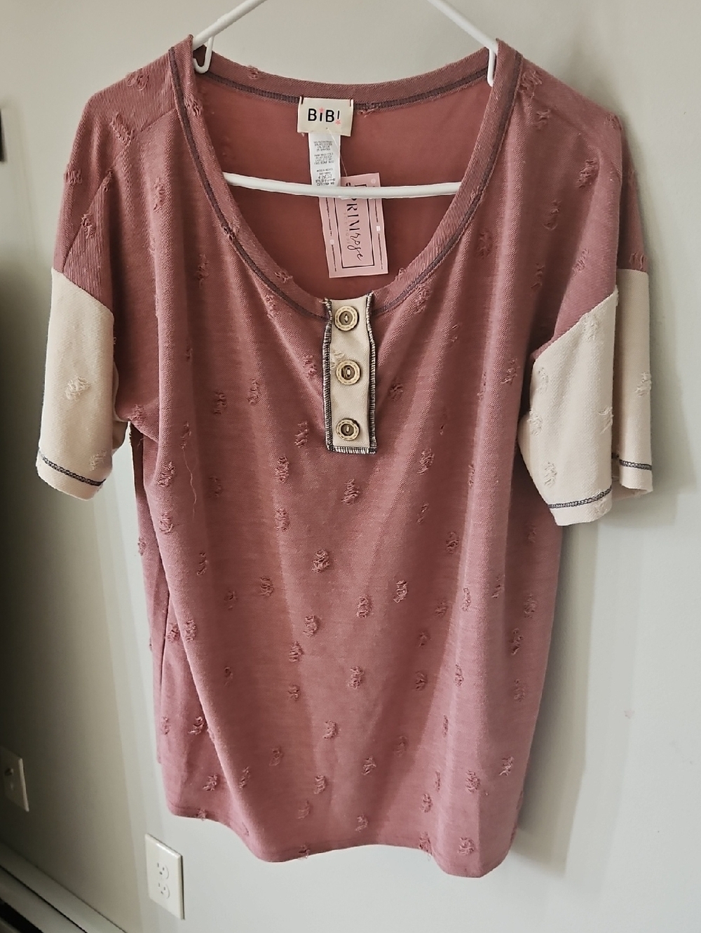 BiBi Dusty Rose Short Sleeve Henley Top with Cream Sleeve Accents